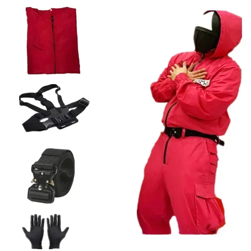Kids Red Game Jumpsuit Cosplay Party Tracksuit Outfits Props Role Play Classic Costume Belt Full Mask Set
