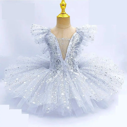 Kids Sequin Ballet Dress Performance Clothes Silver Girls Modern Dance Skirts Children Ballet Tutu Party Princess Dress Costumes