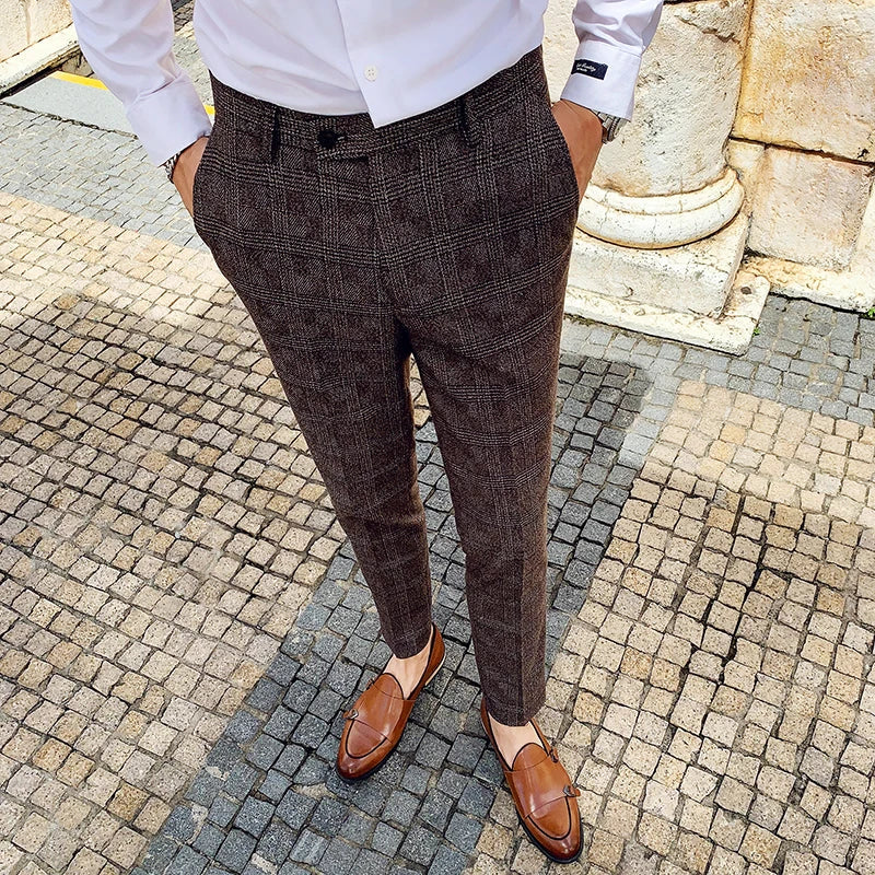 Coffee Brown Men Striped Plaid 3-Piece, Dark Blue Wedding Party Slim Fit Blazers Jacket and Vest with Pants, Asian Size M-5XL