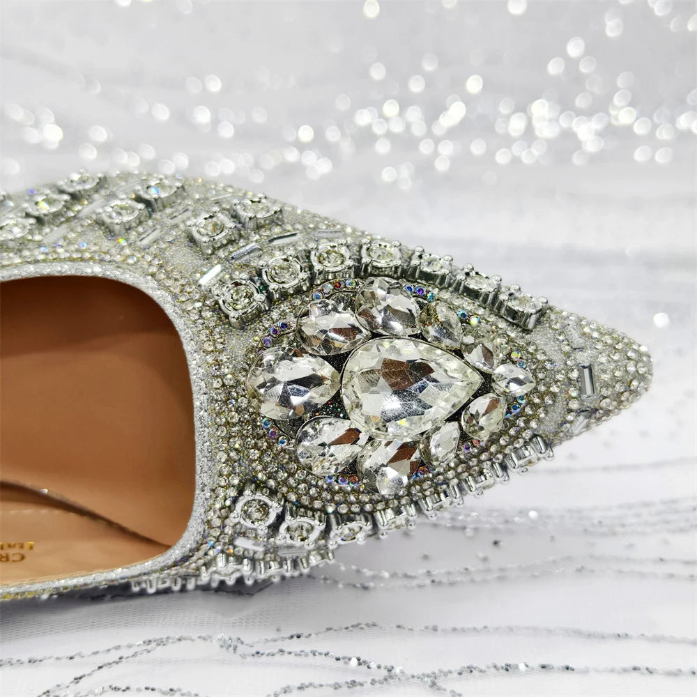 Popular Pointed Women Shoes Heels and Bags Rhinestone Chain Ladies Wedding Party Elegant and Luxurious Fashion