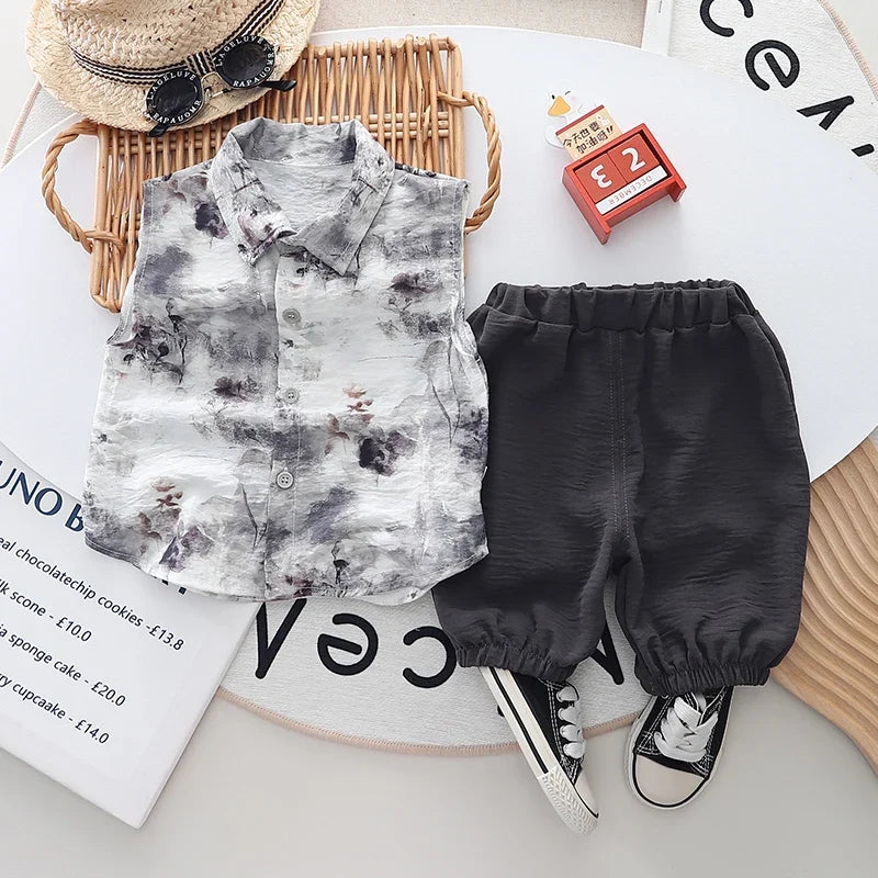 Summer 0-5 years Baby Boys Clothes Sets fashion Chinese style Sleeveless shirt and shorts baby infant set Unisex Costumes cotton