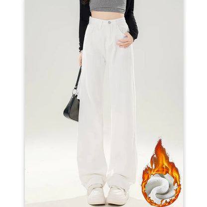 Winter Girls Thermal Fleece High Waist Jeans Lady Snow Warm Plush Denim Pants Women Classic Fashion Straight Leg Trousers