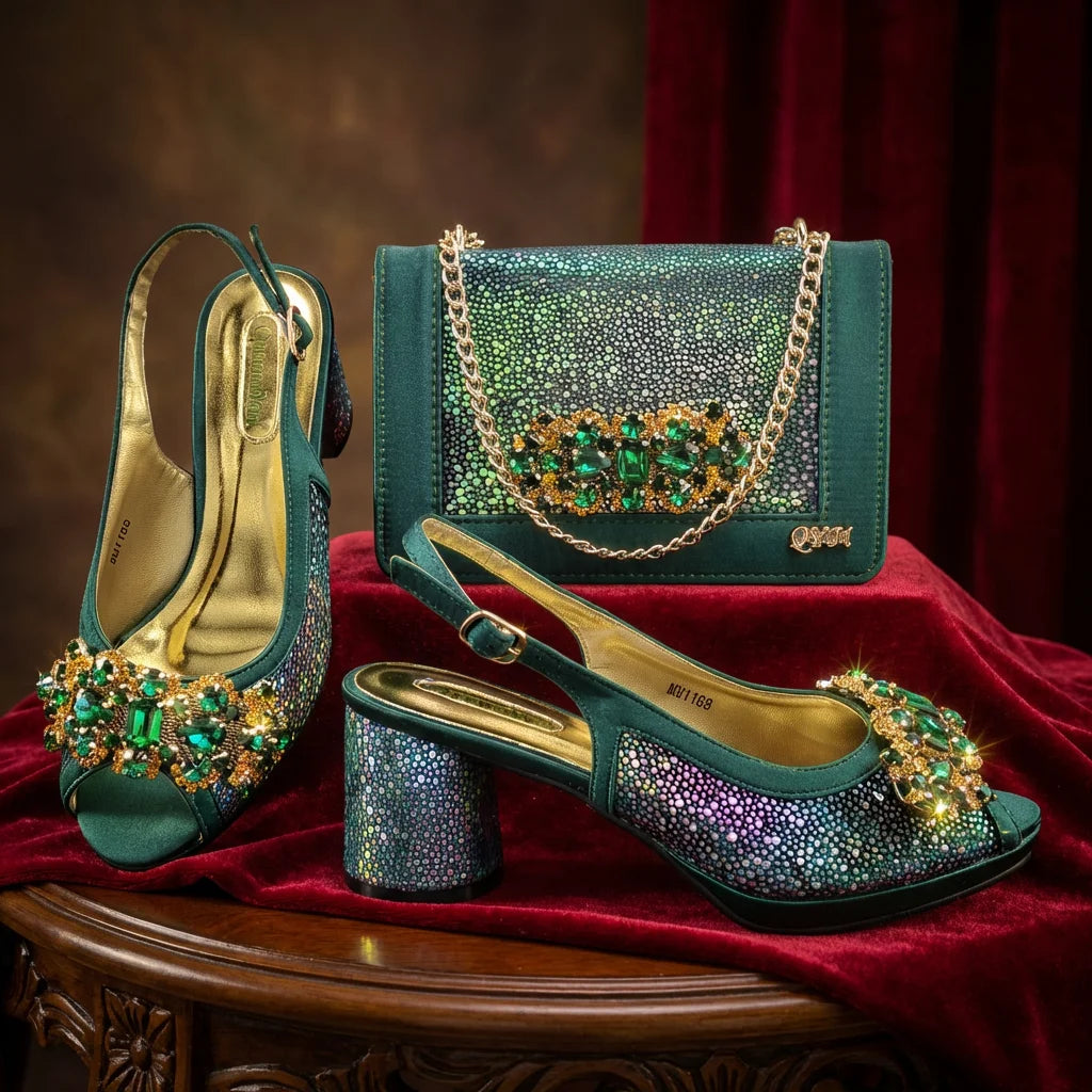 2026 New Green Elegant Women's High Heels Shoes  & Bag Set Rhinestone-Embellished Designer Shoes Perfect for Special Occasionss
