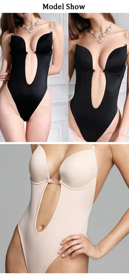 One-Piece Deep V-Neck Push Up Body Shapewear Bodysuit Women's Thong Bottom Underwear Slimming U-Shaped Low Back Backless Corset
