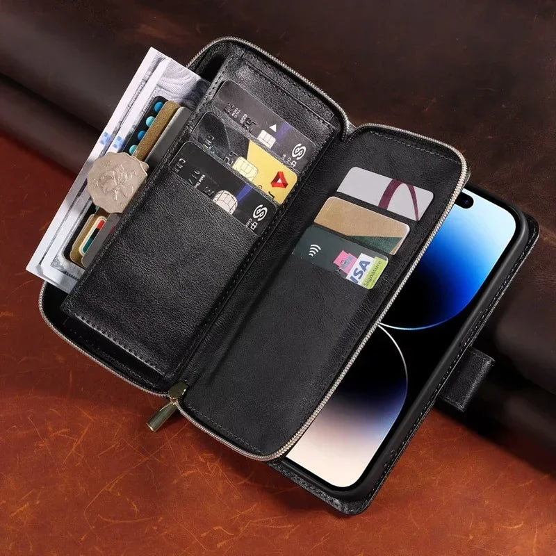 Double Layer Zipper Wallet Case with 9 Card Slots for iPhone 16 16E Pro Max 15 14 Plus13 12 Pro Max PU Leather Flip Cover