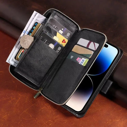 Double Layer Zipper Wallet Case with 9 Card Slots for iPhone 16 16E Pro Max 15 14 Plus13 12 Pro Max PU Leather Flip Cover