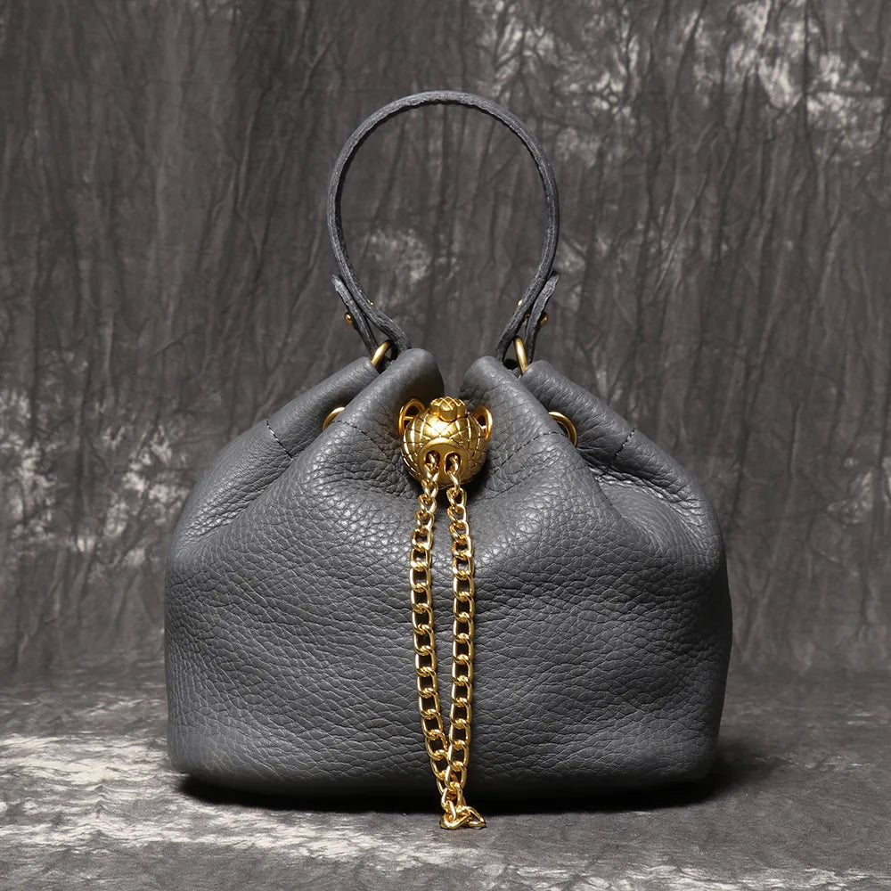 New Vintage Fashion Chain Bag Genuine Leather Multi-Way Bucket Bag for Women Compact Stylish Crossbody Purse