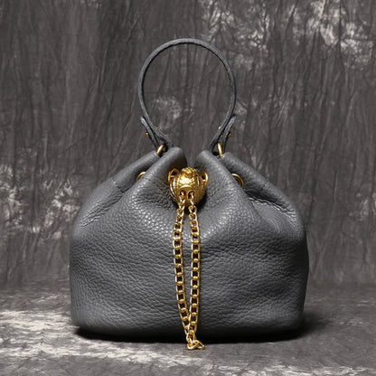 New Vintage Fashion Chain Bag Genuine Leather Multi-Way Bucket Bag for Women Compact Stylish Crossbody Purse