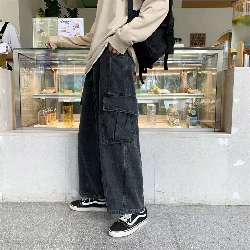 Baggy Jeans Men's Oversize Streetwear Fashion Wide Leg Cargo Pants Hip Hop Harajuku Multi-Pocket Denim Trousers Black Blue