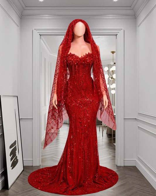 Red Rhinestone Matching Cape Veil Women Mermaid Prom Dress Formal Wedding Eveing Party Gown Customized