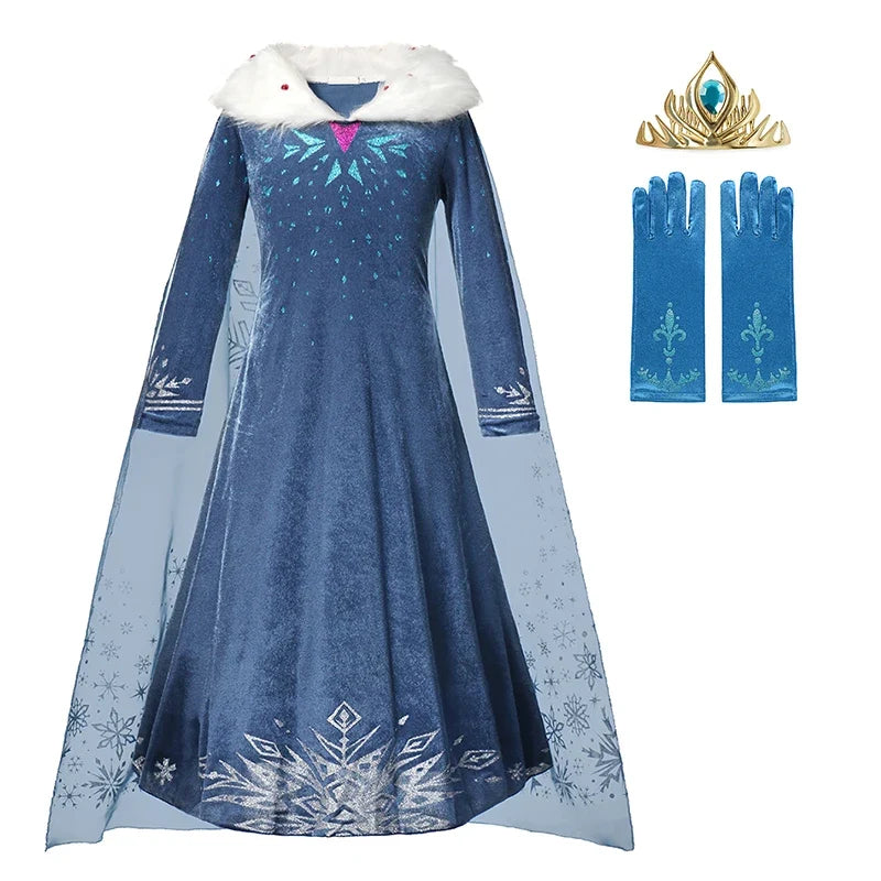 Blue Snowflake Princess Dress Winter Long Sleeve Fur Collar Snow Queen Costume Dress Girl Elsa New Year Christmas Party Clothes