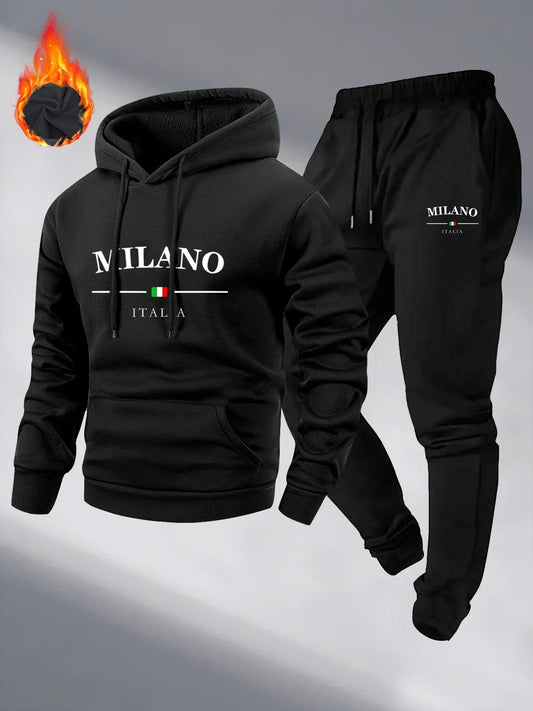 Men's Fleece Warm Hoodies Sets MILANO Printing Tracksuit Hooded Sweatshirt + Drawstring Pants Sportswear Two-piece suit