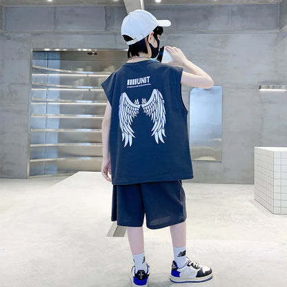 Kids New Summer Tracksuit for Boy Cotton Tank Top Set Children Wing Reflective Clothing Set Shorts and Vest 2 Pieces Outfit 5-14