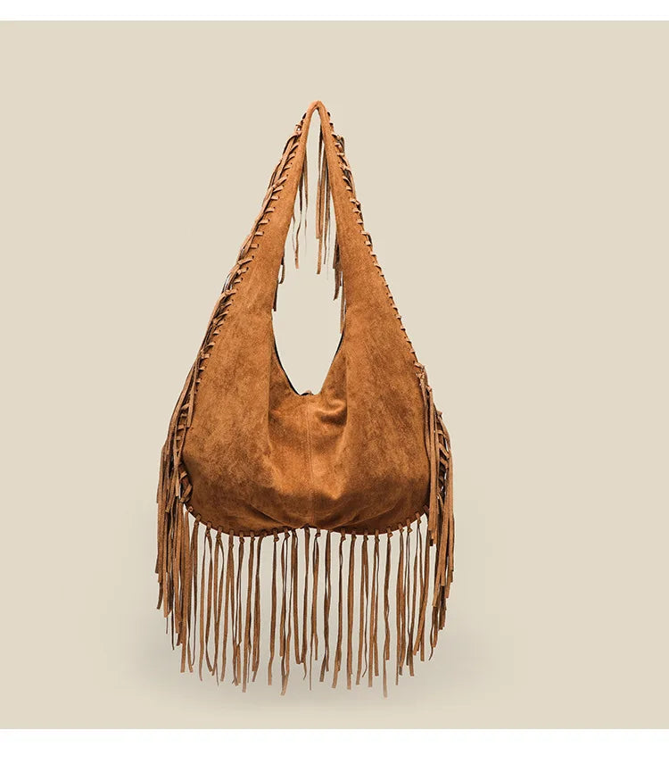 Vintage Suede Hobos Women Shoulder Bags Bohemian Tassel Handbags Large Capacity Tote Bag Autumn and Winter Big Shopper Purses