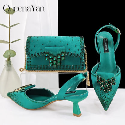 2026 New Elegant Coffee Color Pointed-Toe Italian Women's High-Heeled Shoe and Bag Set with Diamond Design for Parties
