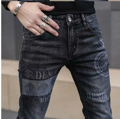 High End Stylish Classic Distinctive Printed Black Stretch Denim Jeans for Men High Quality Slim Fit Stretch Luxury Denim Pants