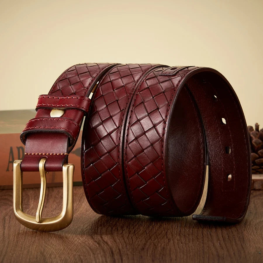 3.8cm Copper Buckle Designer Cowskin Real Genuine Leather Belts For Men Luxury Woven Cowboy Braided Male Strap for Jeans