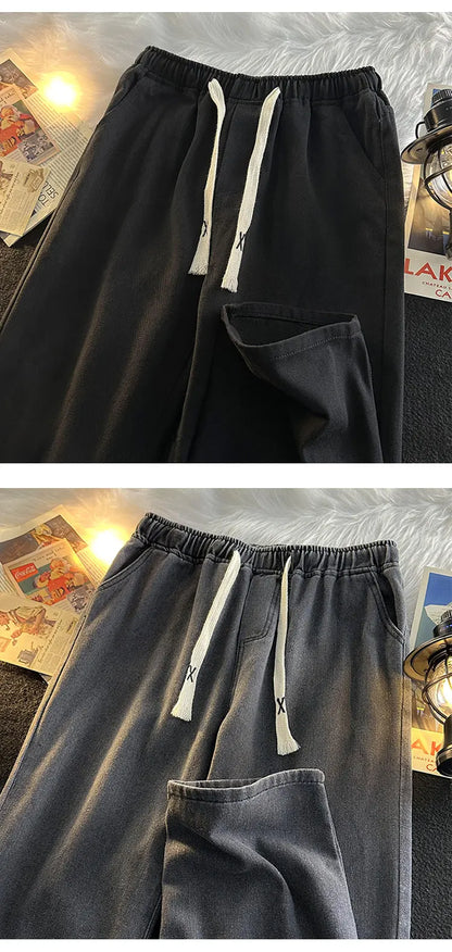 Casual Loose Straight Leg Men's Jeans Drawstring Elastic Waist Wide Leg Long Trousers High Street Fashion Denim Pants