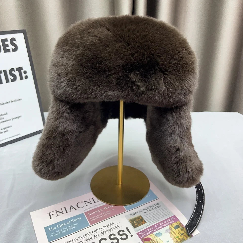 Domo Ushanka Fur Hat Winter Adult Keep Warm Cap Bomber Hats For Women Rex Rabbit Fur Hat With Ear Recommend Winter Sales