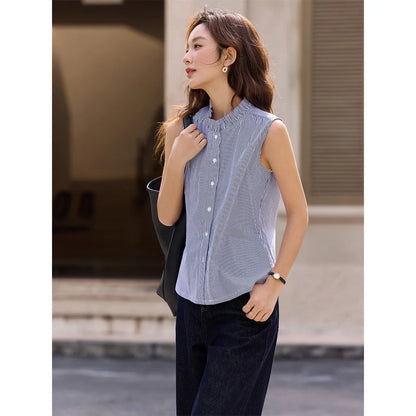 Women's Navy Blue Striped Sleeveless Shirts Office Lady 2026 Spring New Casual Ruffled Stand Neck Female Blouses A3565