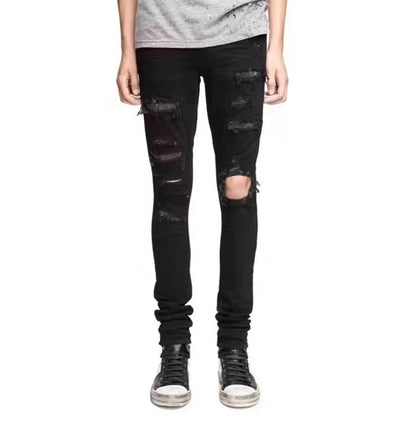 Korean Fashion Jeans Men's Black Ruffian Handsome Trendy Brand Hot Diamond Ripped Beggar Slim Spring Autumn Elastic Casual Pants