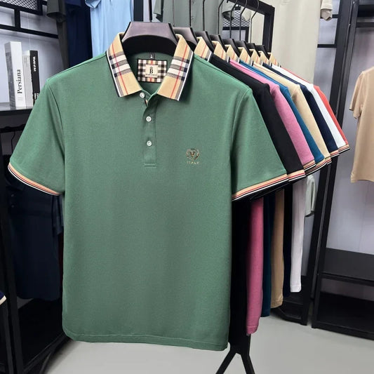 High end brand men's short sleeve polo shirt summer new letter emboss lightweight breathable fashion color blocked lapel T-shirt