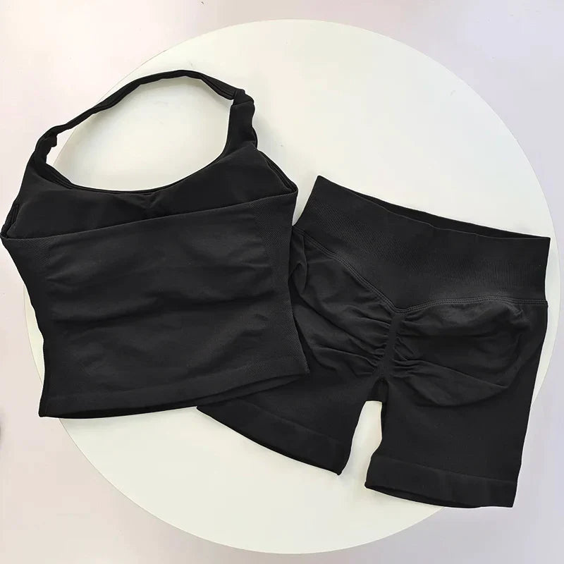 2 Pieces Sports Set Women Backless Halter Tops High Waist Seamless Hight Stretch Shorts Gym Suit Sportswear Workout Sets