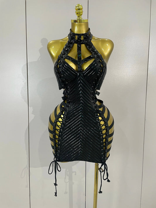 Sexy Black Leather Hollow Out Gothic Bandage Halter Short Dress Women Gogo Dance Singer Nightclub Bar Performance Stage Wear