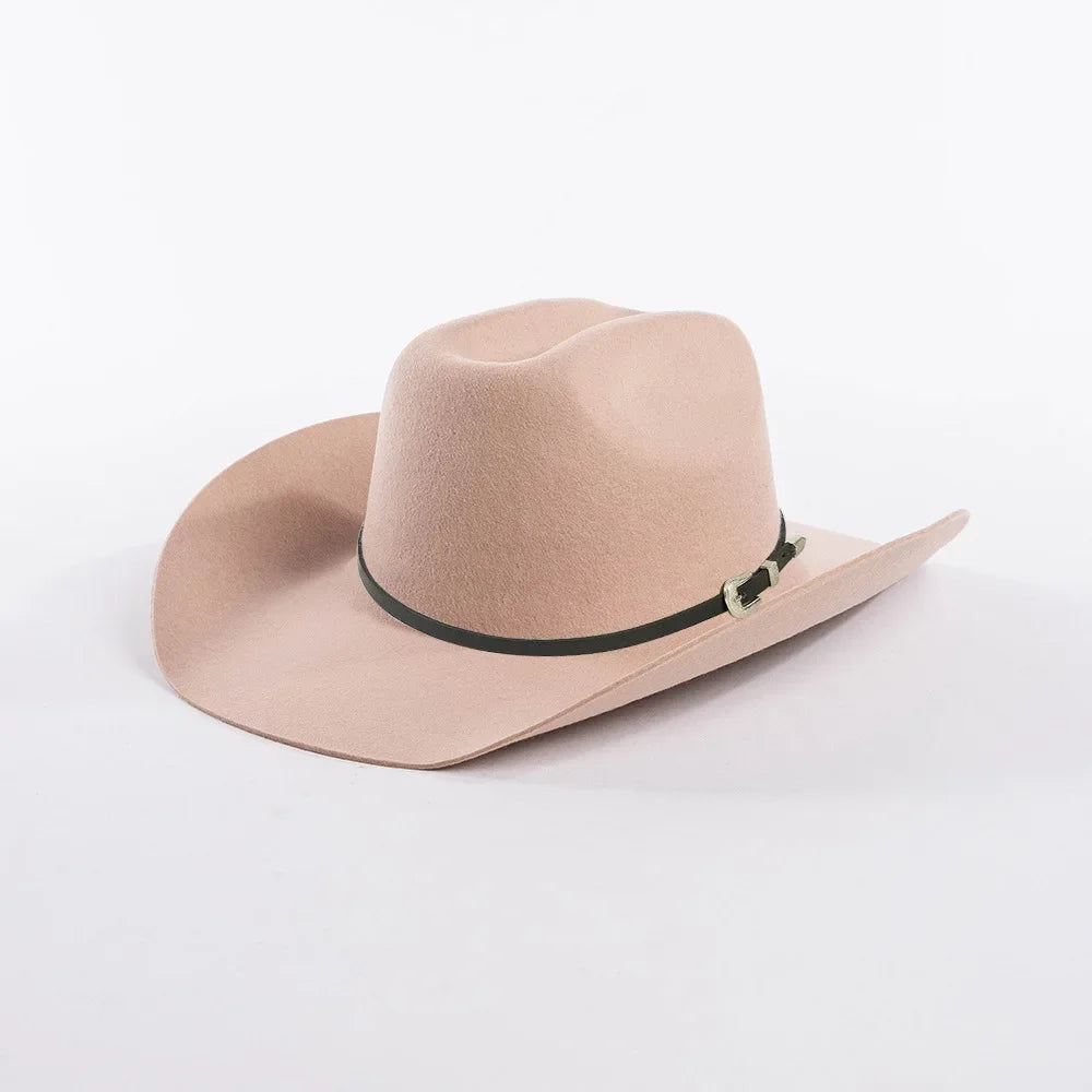 New Autumn Winter Women Fedoras with Belt Buckle Wide Brim Rolled Wool Cowboy Hat M L Size Obtainable