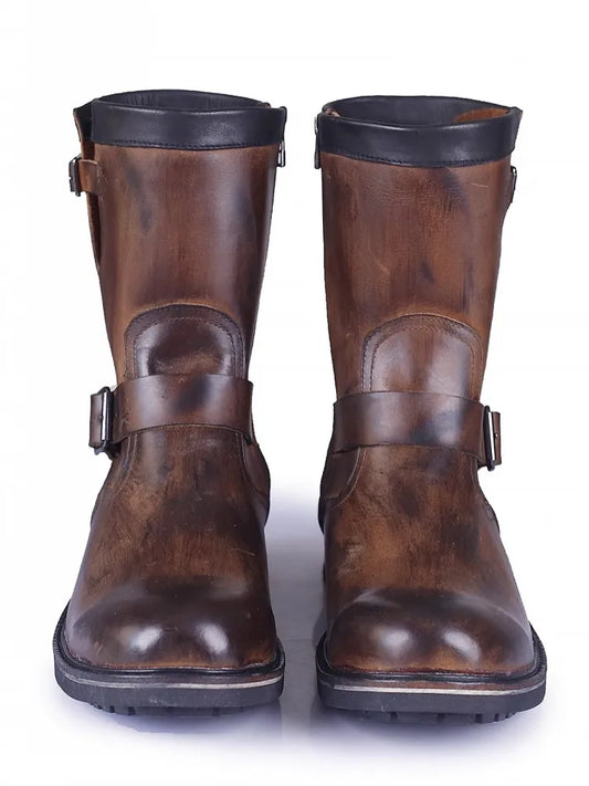 Vintage Mens Cowhide Genuine Leather High Top Engineer Boots Buckle Round Toe Motorcycle Riding Boots Zipper Work Safety Shoes