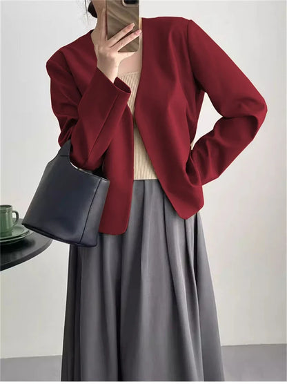 2025 Spring Autumn Fashion New Women's Suit Jackets Solid Short Coats Korean Blazers Long Sleeve Cardigan Coat Without Placket