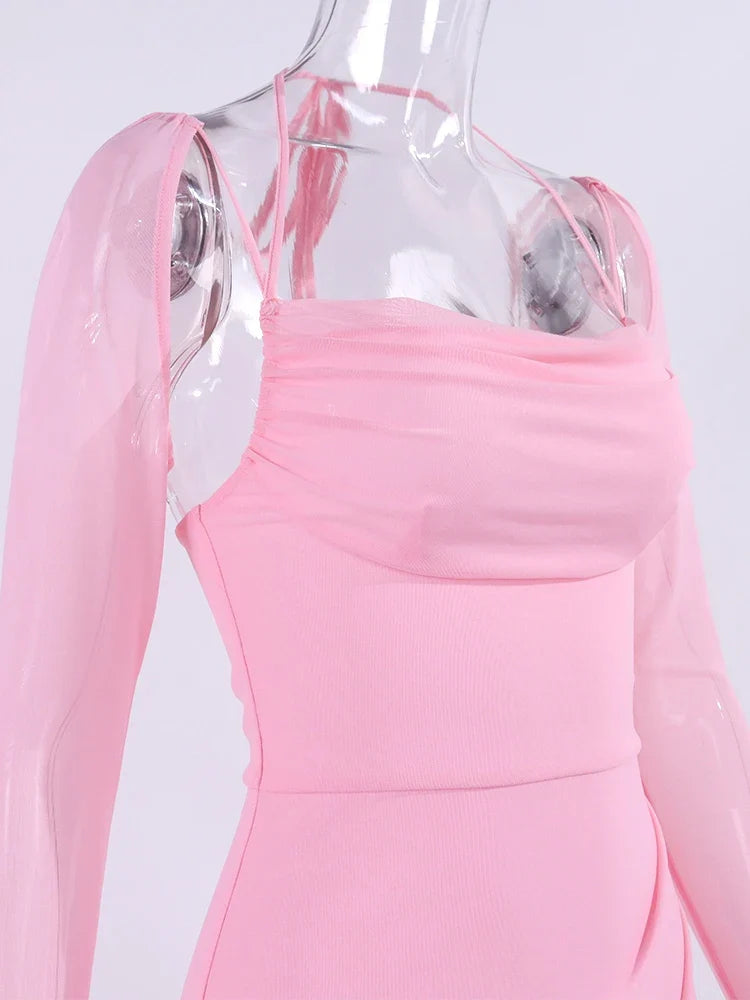 Halter Flounce Sleeves Mesh Pink Dress Women Sexy Solid Backless Bandage Mini Vestido Summer Vacation Party Club