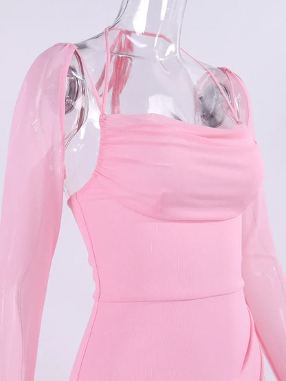 Halter Flounce Sleeves Mesh Pink Dress Women Sexy Solid Backless Bandage Mini Vestido Summer Vacation Party Club