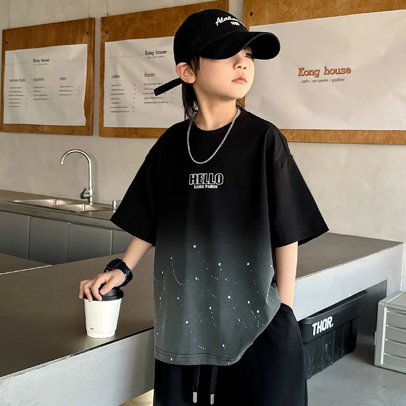 Summer Boys Cotton Leisure Star Print Gradient T-Shirt Top+Shorts Workout Set School Kids 2PCS Tracksuit Children Outfit 5-16 Yr