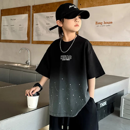 Summer Boys Cotton Leisure Star Print Gradient T-Shirt Top+Shorts Workout Set School Kids 2PCS Tracksuit Children Outfit 5-16 Yr