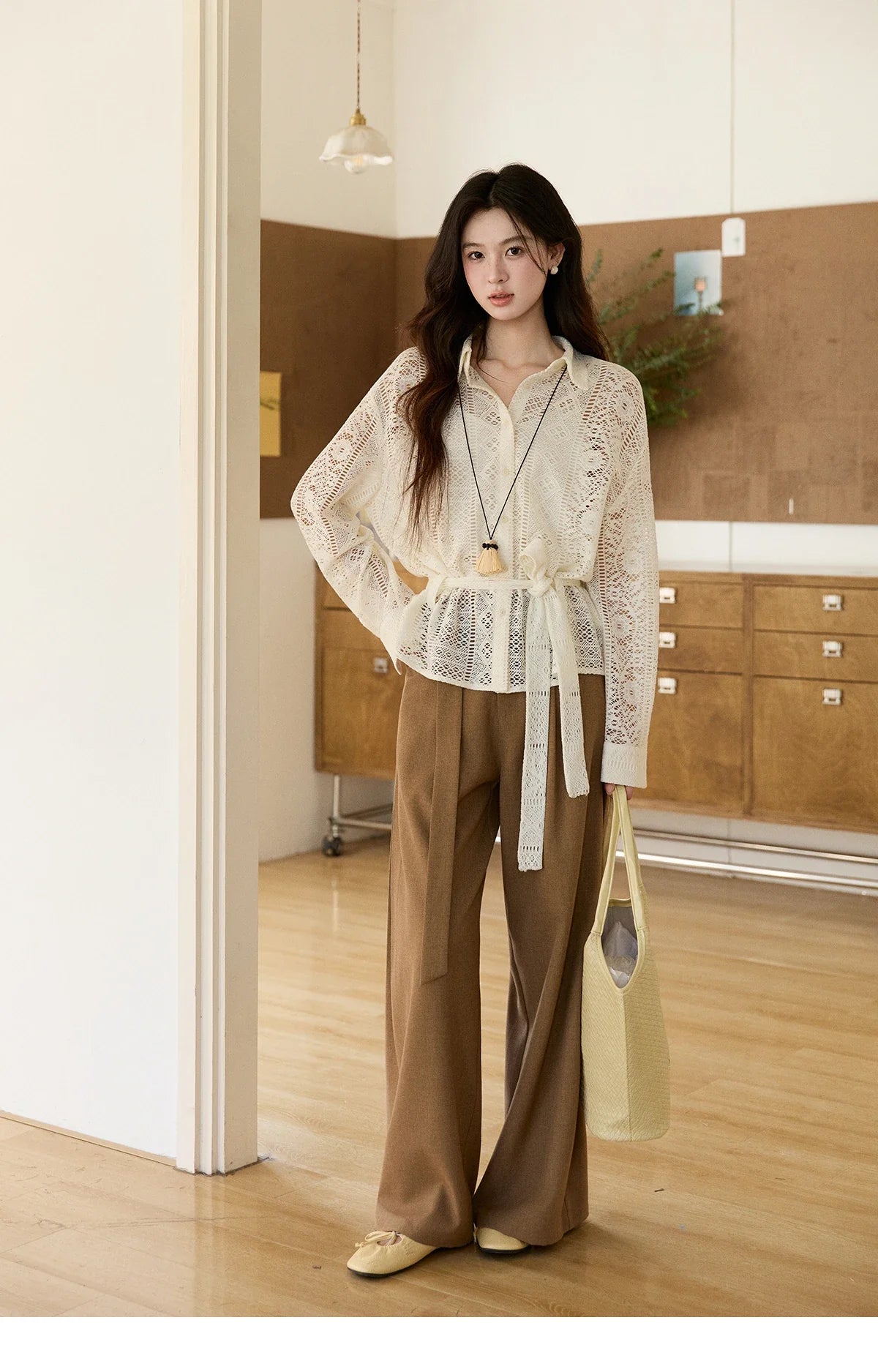 Women's Hollow-out Lace Shirt Camisole Set 2026 Spring Lapel Drawstring Waist Sheer Casual Two-Piece Knitwear MXF108C0816
