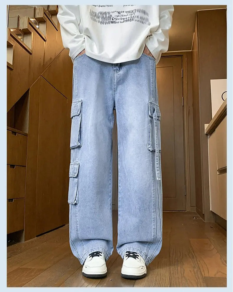 Autumn New Men's Loose Jeans Multi-pocket Work-wearing Jeans Street Hip-hop Straight Wide-leg Pants Baggy Dance Pants