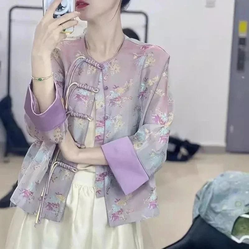 Print Top 2024 New Chinese Style Women's Purple Youth Edition Short Stand Collar Button Coat Women's Spring Autumn Style Elegant
