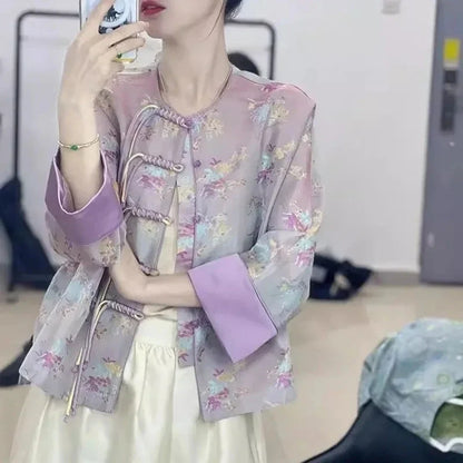 Print Top 2024 New Chinese Style Women's Purple Youth Edition Short Stand Collar Button Coat Women's Spring Autumn Style Elegant