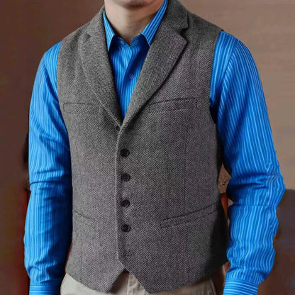 Men Vest Gray Herringbone Single Button With Lapel Waistcoat For Wedding Birthday Banquet Business Work Office Men Suit Vest