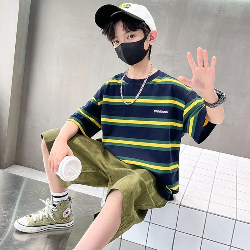 Stripe Outdoor Clothes for Children Tracksuit Boy 7 14 Years Clothing Boys Outfit Set 10 Children's Suit Boy's Child Summer Sets