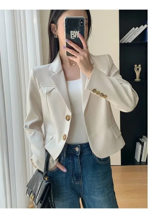 Korean Style Women Blazers Cropped New Autumn Solid Gentle Basic Defined Overcoats Harajuku Leisure Notched Fashion All-match