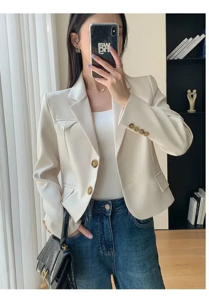 Korean Style Women Blazers Cropped New Autumn Solid Gentle Basic Defined Overcoats Harajuku Leisure Notched Fashion All-match