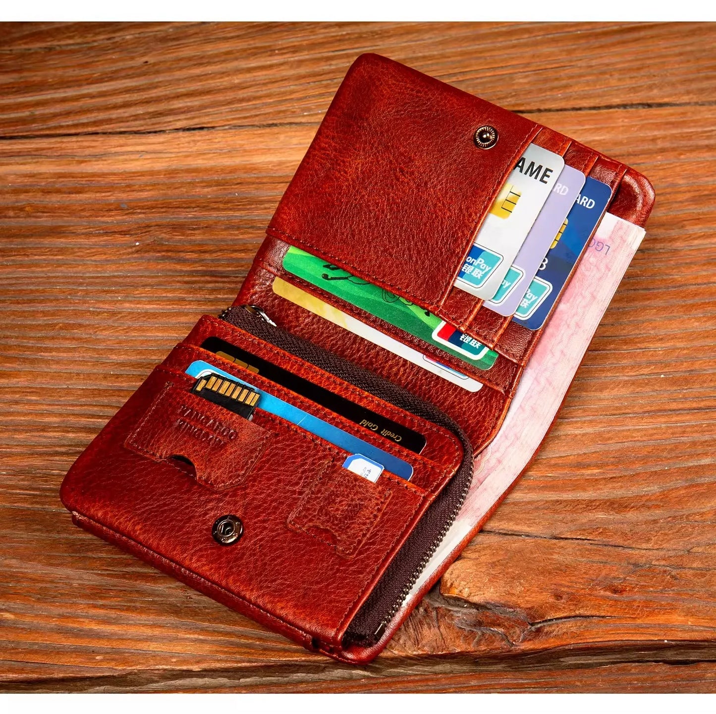 Men's Hand-Rubbed Genuine Leather Short Wallet Top-Grain Vegetable-Tanned Zipper Wallet with Driver's License Card Holder