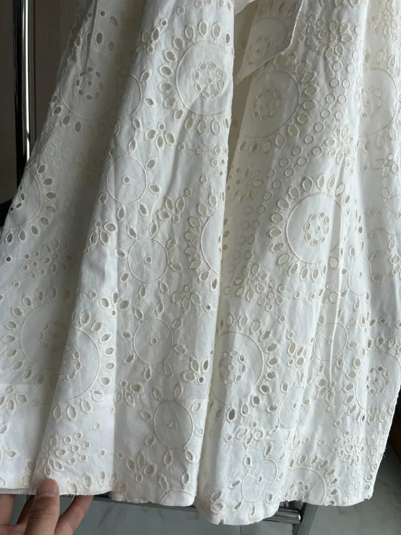 2025 new  women's elegant fashion hollow embroidery cotton shirt lapel short-sleeved dress temperament long skirt