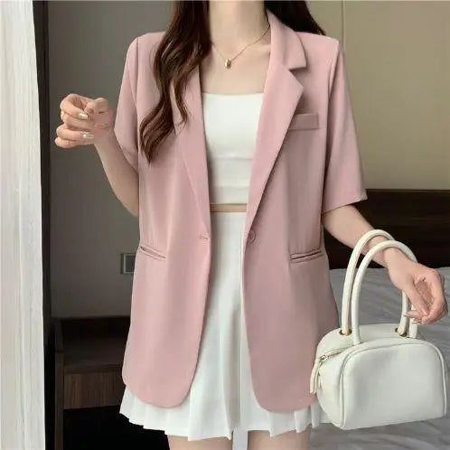 Loose Casual Thin Short Sleeve Women's Suit Jacket Summer New Style Korean Version Fashionable All-Match Lightweight Polyeste...