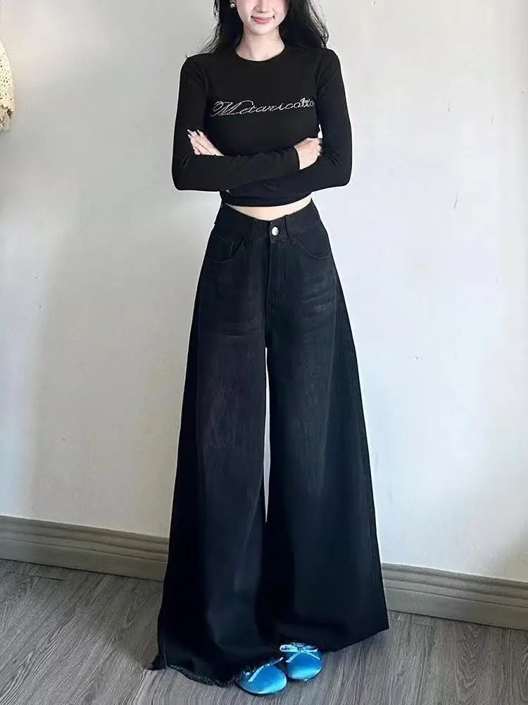 Wide Leg Jeans Women Denim Pants Vintage Straight Trousers Autumn Spring Fashion Female Black Casual Jeans Wide Leg Pants