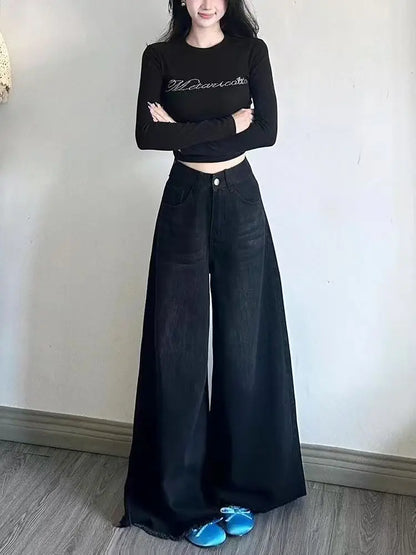 Wide Leg Jeans Women Denim Pants Vintage Straight Trousers Autumn Spring Fashion Female Black Casual Jeans Wide Leg Pants