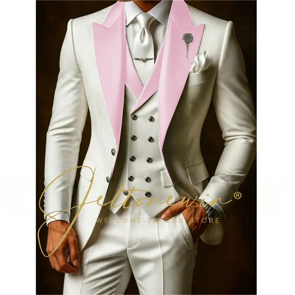 White Suits Set For Men Wedding Party Fashion Blazer Vest Pants Formal Groomsmen Tailor-made Male High Quality Groom Tuxedos