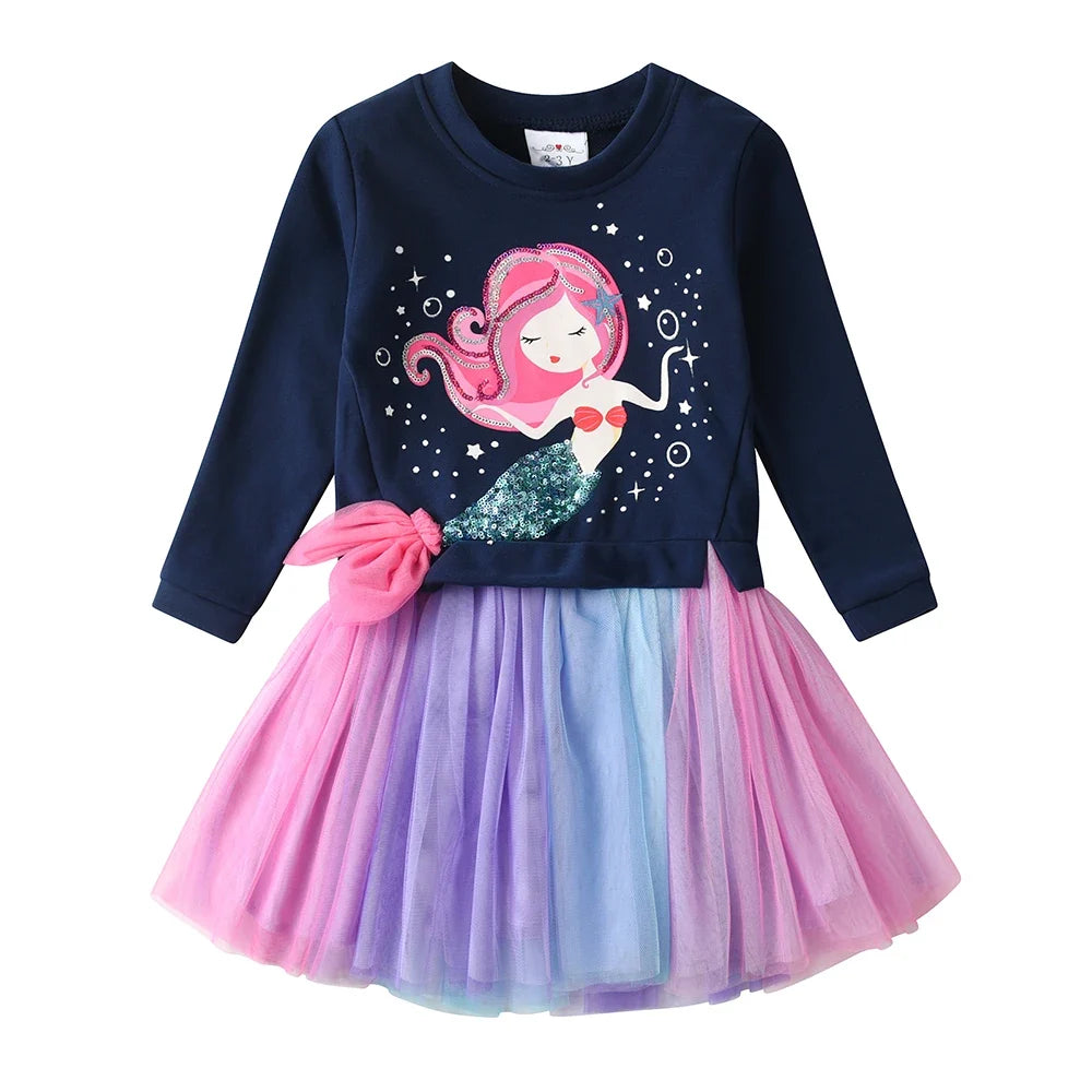 Children Sweater Dress For Girls Mermaid Patchwork Princess Tutu Dress Toddler Winter Clothing Cartoon Casual Girl Dress